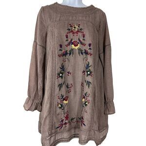 Umgee Women's SZ S Floral Embroidered Dress Brown, Multicolor Ruffle‎ detailing